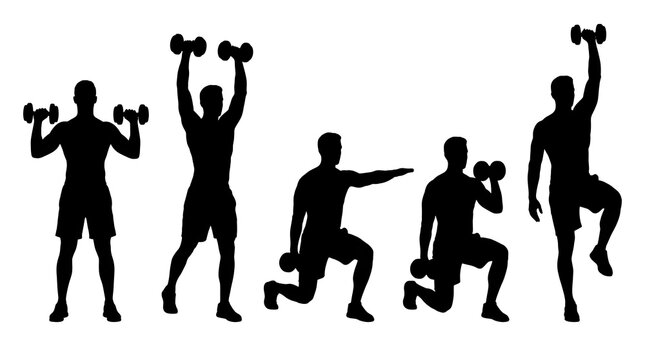 Silhouettes of five people exercising with dumbbells in various fitness poses on white background