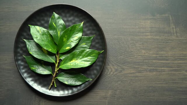 Dark textured plate rests on a rustic wooden surface, ready for food.