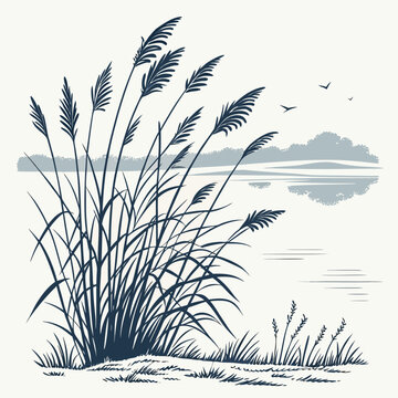Dark blue grass cluster with serene lake background and birds