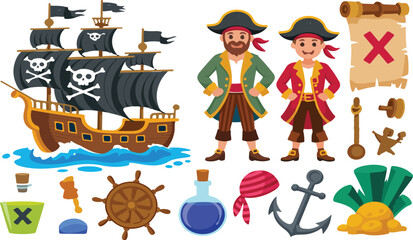 Fun Pirate Adventure Vector Set Featuring Sailing Ship, Treasure Chest, Map, Pirates, Parrot and Nautical Fantasy Elements © Mdmokbul