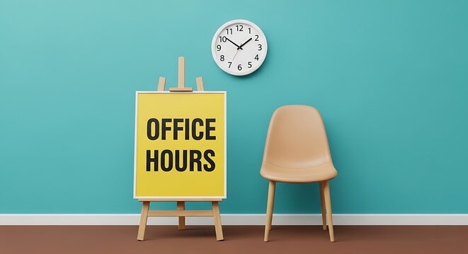 Sign indicating office hours displayed next to a waiting chair and clock