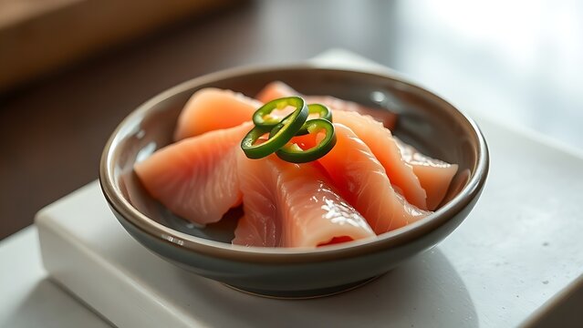 A ceramic plate with fresh sashimi slices, garnished with green chili rings, minimalist presentation. menu design.