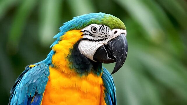 Closeup portrait of a vibrant BlueandYellow Macaw parrot with striking blue and gold plumage its beak slightly open set against a soft green jungle background.