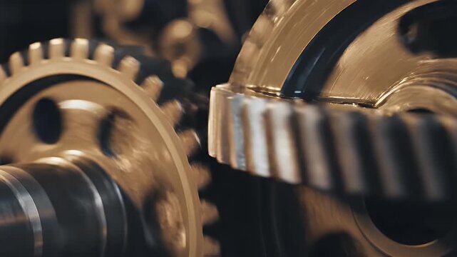 Close-up of meshing gears, captured with shallow depth of field, exhibiting motion blur and oil sheen
