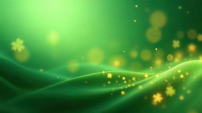 Abstract green background for St Patrick's day. Wavy texture with glowing shamrocks and gold sparkles. Irish holiday celebration concept with copy space