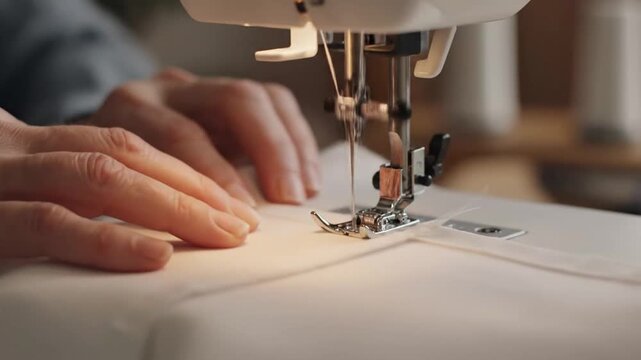 Sewing Machine in Action: Fabric Stitching Close-Up