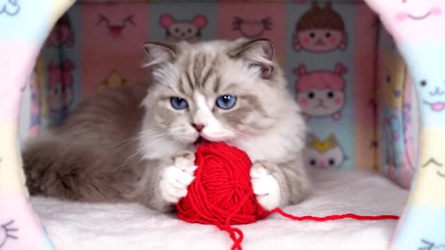 Fluffy cat with blue eyes plays with a red yarn ball in a colorful, cartoon-decorated cubby