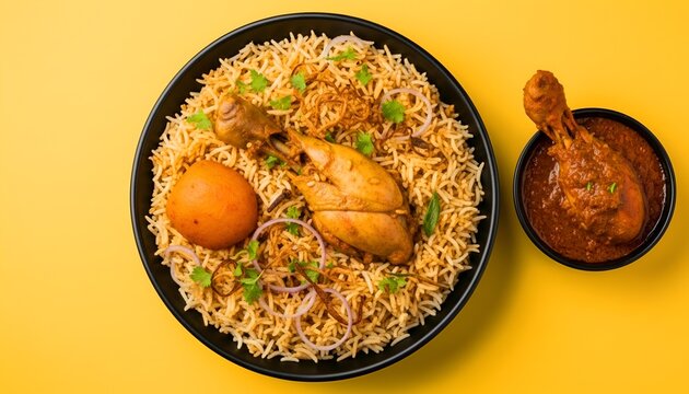 A plate of chicken biryani with another bowl of chicken chaap dish.
