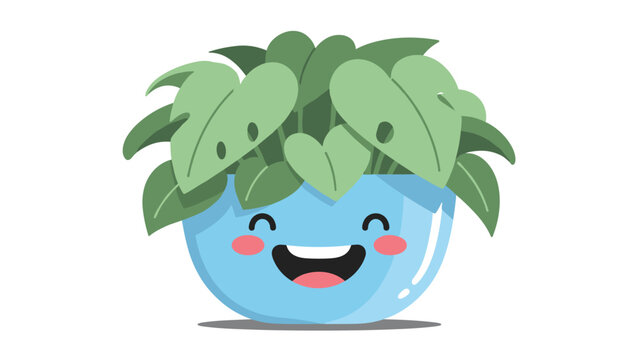 Smiling cartoon potted plant with large green leaves in a bright blue bowl featuring a cheerful expression and rosy cheeks.