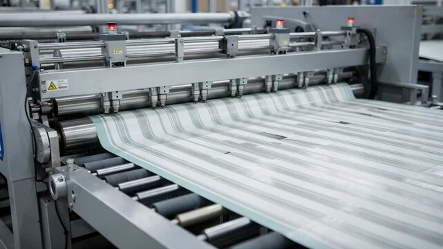 Medium shot of a machine applying striped pattern coatings on packaging surfaces for targeted functional barriers highlighting precise industrial control and efficiency.