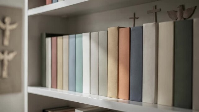 Contemporary religious publishers shelves with sleek modern devotionals in sharp focus subtle spiritual iconography softly blurred in the background creating a peaceful reading
