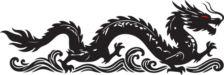Fototapeta premium Celestial Storm Dragon Silhouette with Japanese Waves and Rising Sun Vector Illustration