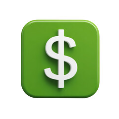 Obraz premium Green square button with white dollar sign for finance money currency transparent background