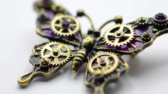 Ornate steampunk butterfly accessory with intricate gears and purple gems.