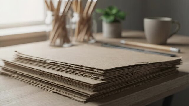 Medium shot of a workspace with recycled kraft paper stacks and ecofriendly office supplies blurred in the background emphasizing sustainable publishing practices.