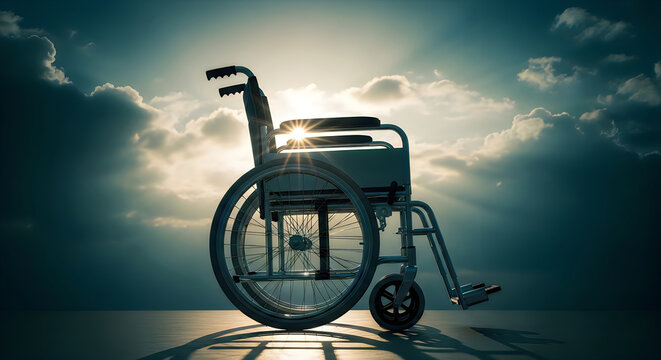 Wheelchair silhouetted against a dramatic sunset sky