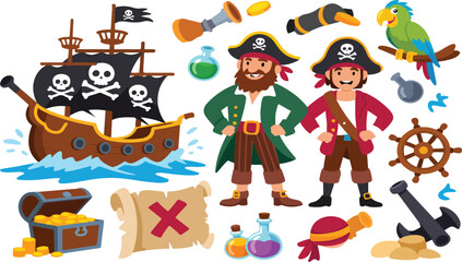 Fun Pirate Adventure Vector Set Featuring Sailing Ship, Treasure Chest, Map, Pirates, Parrot and Nautical Fantasy Elements © Mdmokbul
