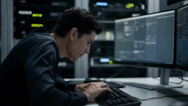 Media distribution specialist overseeing the transfer of a rerun episode to streaming servers while the technical area fades softly in the background.