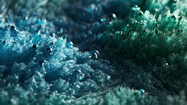 A macro-view of shimmering, aqua-colored, crystallized structures with glossy water droplets