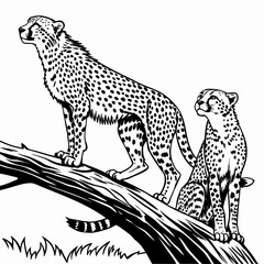 Black and white of two cheetahs standing on a tree branch © shahin11