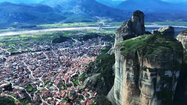 Aerial drone cinematic video of breathtaking view from famous monastery of the Holy Trinity, Thessaly,  Greece