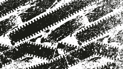 Obraz premium Black and white tire tracks with grunge texture on rough surface background
