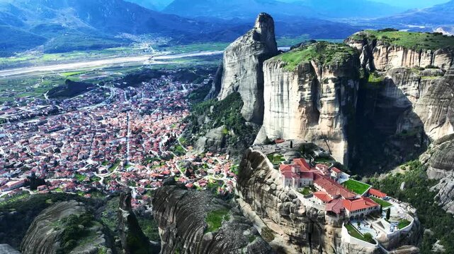 Aerial drone cinematic video of breathtaking view from famous monastery of the Holy Trinity, Thessaly,  Greece
