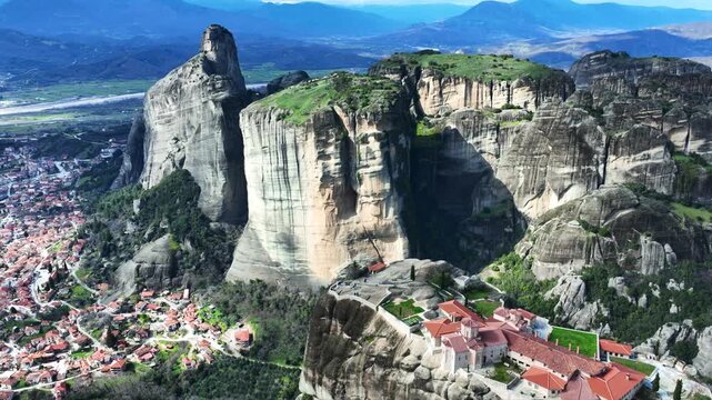 Aerial drone cinematic video of breathtaking view from famous monastery of the Holy Trinity, Thessaly,  Greece