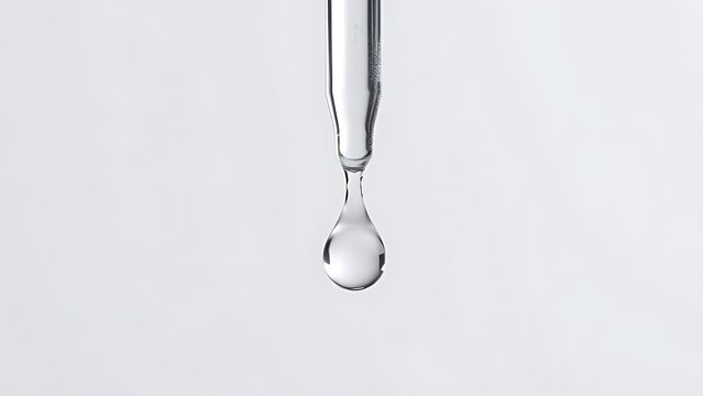 A single clear droplet falling from a glass dropper, studio lighting, clean aesthetic. bar promotions, beverage menus, designed for product packaging and bar promotions.