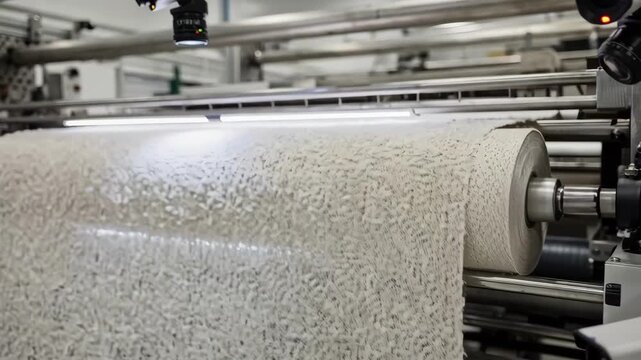 Medium shot showcasing multiangle AI cameras monitoring knit fabric from different perspectives focusing on comprehensive defect detection during automated quality control