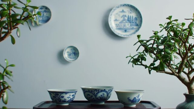 Blue and white porcelain dishes and cups displayed with plants on a wall.
