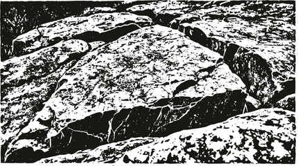Obraz premium Large cracked stone slab in rough rocky terrain with textured surface and fractures