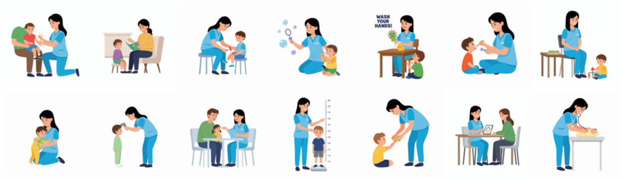 Simple Flat Illustration Set of Pediatrician Examination and Treatment for Kids