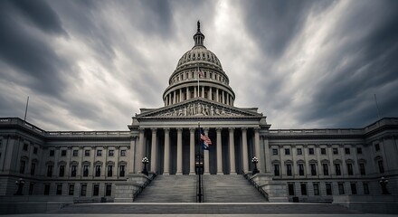 Fototapeta premium The United States Capitol building with American flag on cloudy day