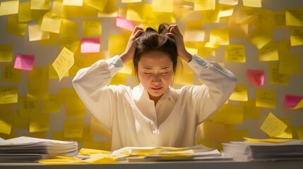 Asian businesswoman holds head surrounded by sticky notes and documents. Workplace overload and mental pressure illustrate burnout and deadline stress. Corporate environment supports productivity