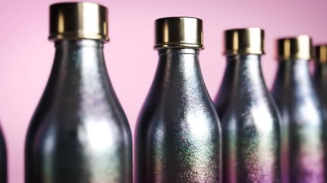 Row of metallic bottles with gold caps against a pink background.