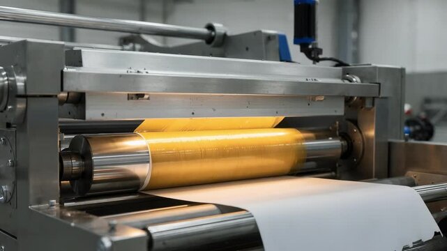 Medium shot of a singlelayer extrusion lamination line showing molten polymer film smoothly bonding onto a continuous moving paper web for flexible packaging production.