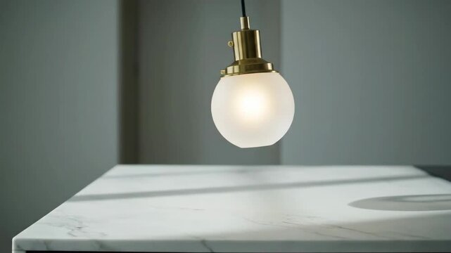 Illuminated glass ball light, brass fixture above marble countertop, interior lighting design.