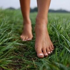 Bare feet walking on lush green grass in nature setting