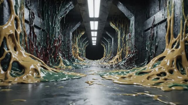 Dark corridor covered in colorful dripping goo and slime