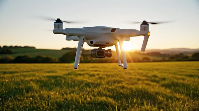Modern white drone with camera taking off from a grassy field at sunset