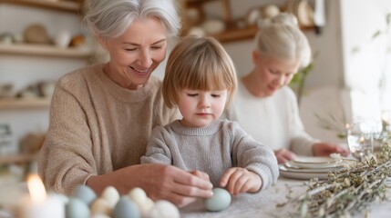Three generations decorating Easter eggs together at festive table. Family tradition, bonding and seasonal celebration concept for lifestyle branding and holiday marketing