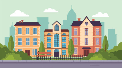 Fototapeta premium Vibrant city street illustration featuring colorful residential apartment buildings, green trees, and a park bench.