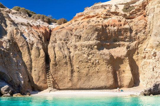 The famous Tsigrado beach with crystal clear waters and rocks. Milos island, Greece