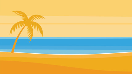 Minimalist tropical beach landscape with a single palm tree golden sand blue ocean water and warm yellow sky vector illustration. © ALEX BIN
