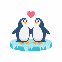 Two cute cartoon penguins standing on an ice floe with a pink heart floating above them, symbolizing love and companionship.