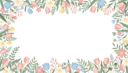 Fototapeta premium Beautiful pastel floral frame with various spring flowers and green leaves surrounding a blank white center, perfect for invitations or greetings.