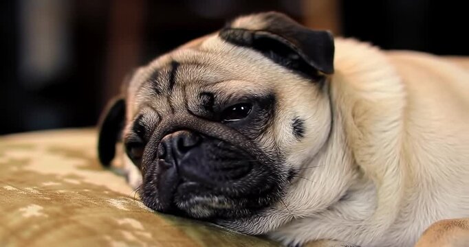 Cute Pug Dog Resting on Sofa.
