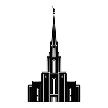 Black and white vector illustration of The Salt Lake Temple, a revered landmark of The Church of Jesus Christ of Latter-day Saints, featuring the Angel Moroni statue atop its spire