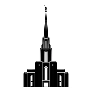 Black and white vector illustration of The Salt Lake Temple, a revered landmark of The Church of Jesus Christ of Latter-day Saints, featuring the Angel Moroni statue atop its spire